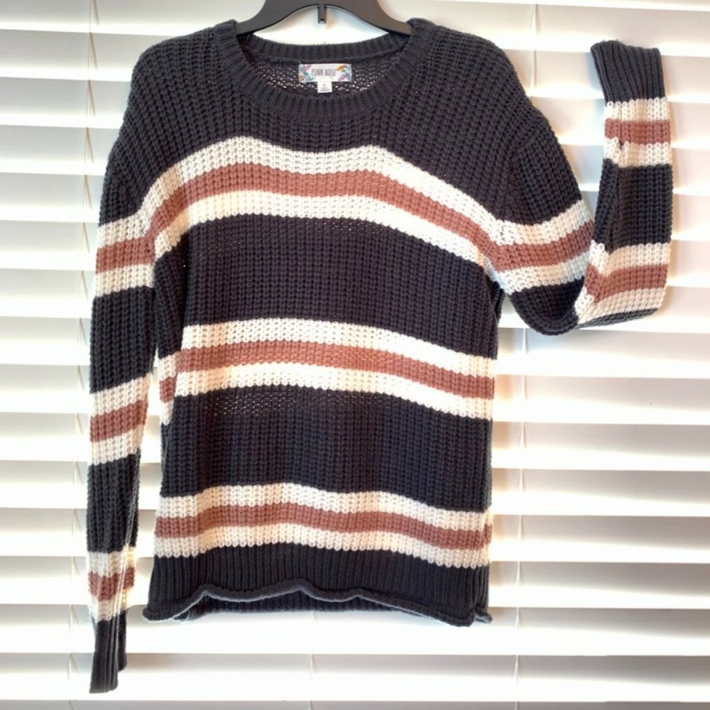 Pink Rose Striped Crew-neck Knit Sweater XL